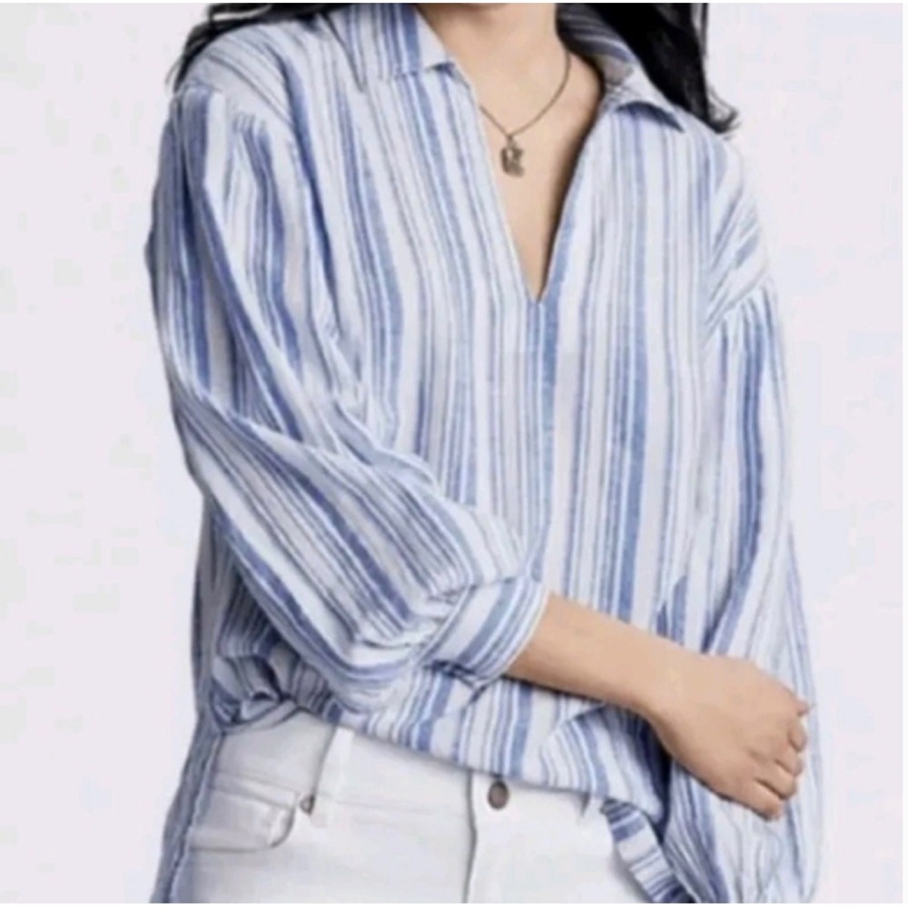CAbi #5894 Blue Striped Linen‎ Blend Pacific Tunic Top